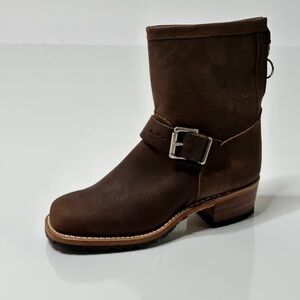 Women's Dark Brown Leather Ankle Engineer Boots with Buckle
